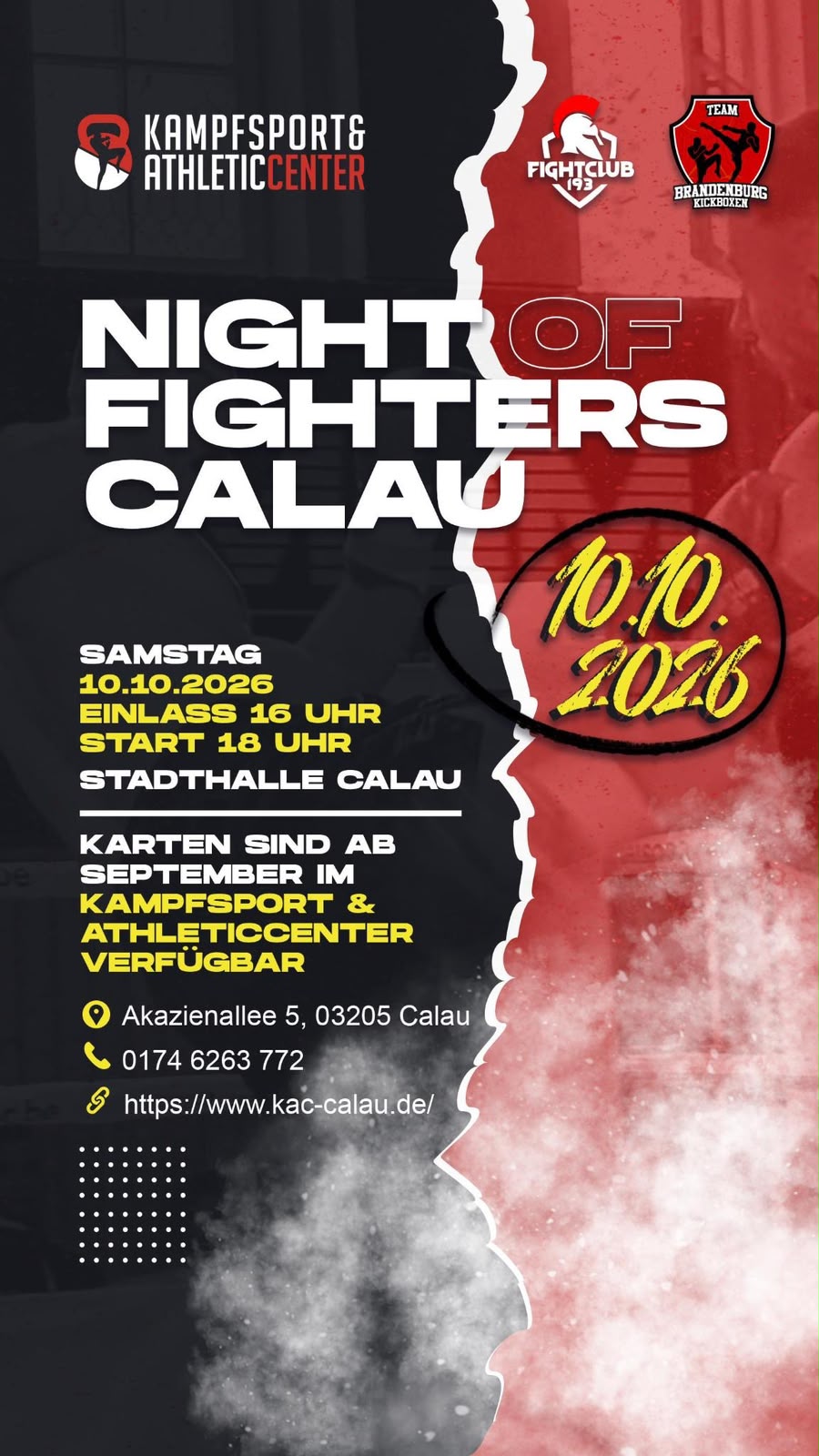 Flyer zur Night of Fighters Calau am 10.10.2026 in der Stadthalle Calau